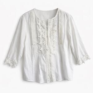 Vintage Romantic Boho Cotton Blouse White Lace Bib Button Front Top S Cottage